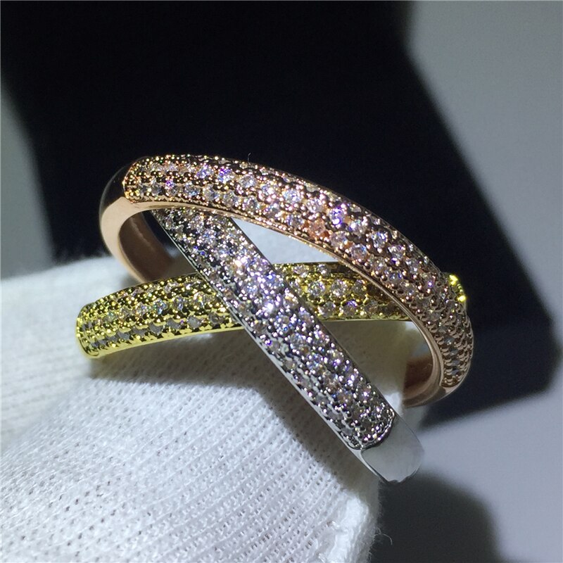 럭셔리 주얼리  트리플 서클 골드/로즈 골드/실버 반지 3 색 Pave CZ 반지, 여성 결혼 반지 선물
